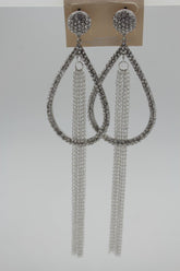 Women Long Silver Metal Fringes Chain Water Drop Rhinestones Jewelry Earrings